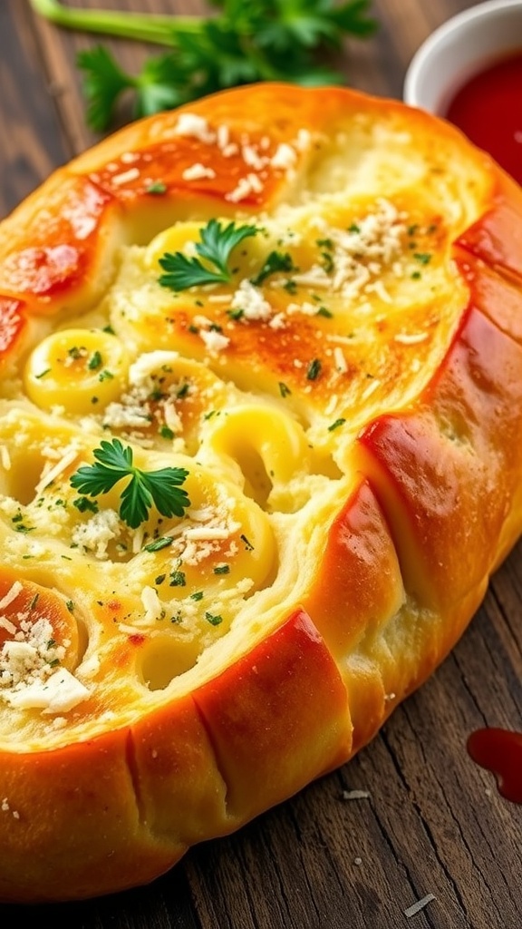 Homemade Garlic Bread with Dough Recipe Golden brown garlic bread slices topped with herbs and butter, served with marinara sauce on a wooden table.